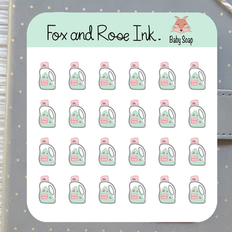 May include: A sheet of 24 stickers featuring a cartoon illustration of a bottle of baby soap. The bottle is light green with a pink lid and label that says "Baby Soap". The stickers are arranged in a grid pattern on a white background.