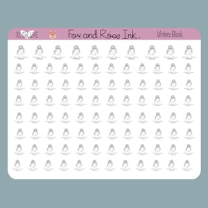 May include: A sheet of 100 white stickers with a black and white illustration of a woman with a bun on her head. The text "Writers Block" is printed on each sticker.