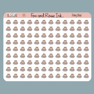 May include: A sheet of 100 stickers featuring a brown pottery wheel with a clay pot on top. The stickers are arranged in a grid pattern. The text "Fox and Rooe Ink." and "Pottery Wheel" are printed at the top of the sheet.