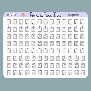May include: A sheet of XL DeLuxe stickers featuring small clipboard designs with the text "Vet Appointment." The stickers have a variety of pastel color borders and are from Fox and Rose Ink.