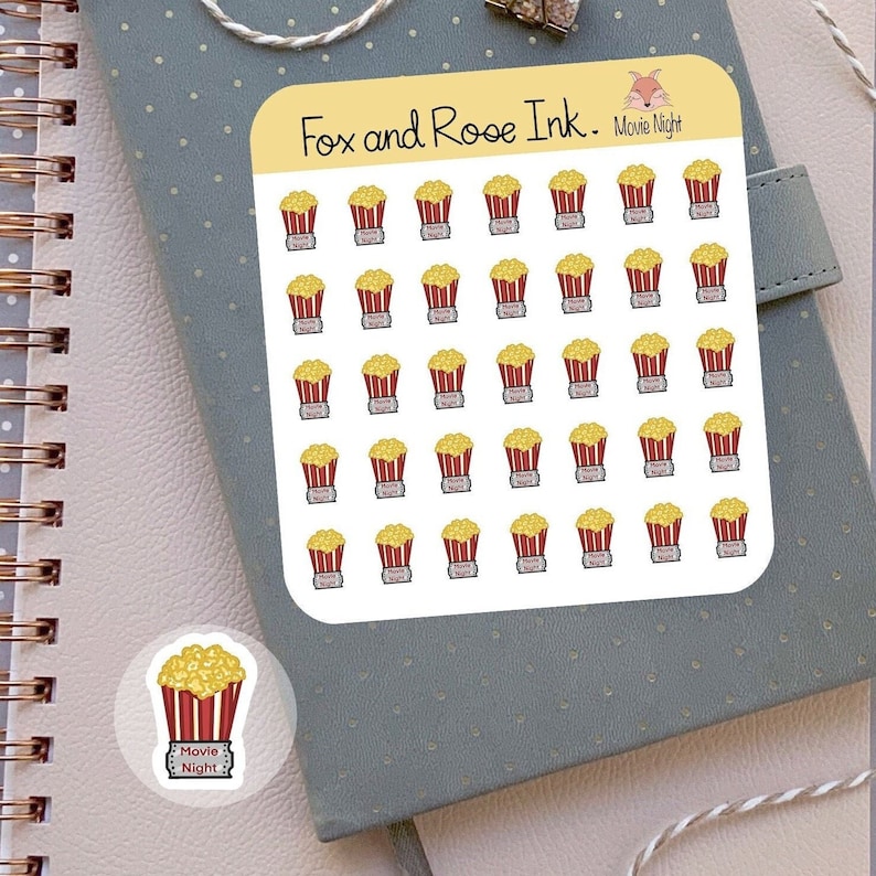 Popcorn Stickers/ Planner Stickers Sheet/ Movie Night Stickers/ Movie ...