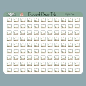 Op de afbeelding: Een vel met 100 stickers met een cartoonillustratie van een reptielenkooi. De stickers zijn wit met een bruin, groen en beige ontwerp. De tekst "Reptile Cage" staat bovenaan het vel.