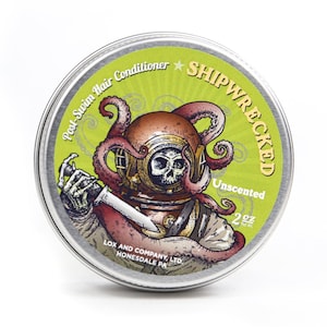 May include: A green and silver tin with a skull wearing a diving helmet and an octopus. The text on the tin reads "Shipwrecked Post Swim Hair Conditioner Unscented 2 oz Lox and Company, LTD Honesdale PA".
