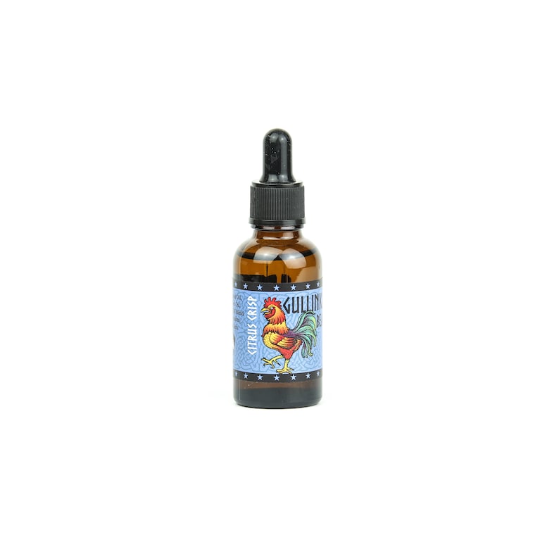 May include: A brown glass bottle with a dropper top, containing a clear liquid. The bottle has a label with a rooster illustration and the text "GULLIN' ROOSTER CITRUS CRISP".