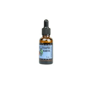 May include: A brown glass bottle with a black dropper top. The bottle is labeled "ULLINKAMBI BEARD OIL" with a rooster illustration and the text "MOISTURIZE & STRENGTHEN" in a blue and white design. The bottle contains 1 oz. of beard oil.