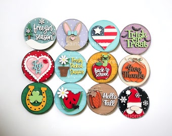 Interchangeable Seasonal Inserts, Seasonal Tiered Tray Signs, Seasonal Round Inserts, Interchangeable Sign Inserts, 3” Round Inserts