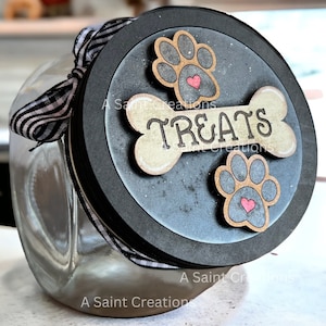 Dog Treat Jar w/ Interchangeable Lid, Pet Treat Jar, Dog Gift, Puppy Gift, Treat Jar, Glass Jar, Dog Lover Gift, Wood Decor