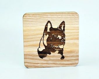An American Akita solid wood coaster - oak coaster, dog breed coaster Westie