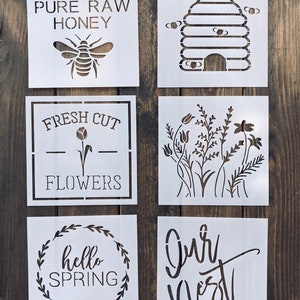 Spring Stencils, Reusable Spring Themed Stencils, Hello Spring Stencil, Bee Hive Stencil, Wild Flowers Stencil, Local Raw Honey Stencil