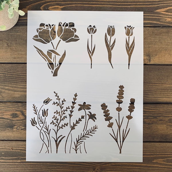 Reusable Wildflower & Tulip Stencil Sheet (8.5”x 11”)