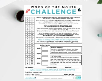 Word of Month Saving Challenge. Saving Tracker. Money Challenge