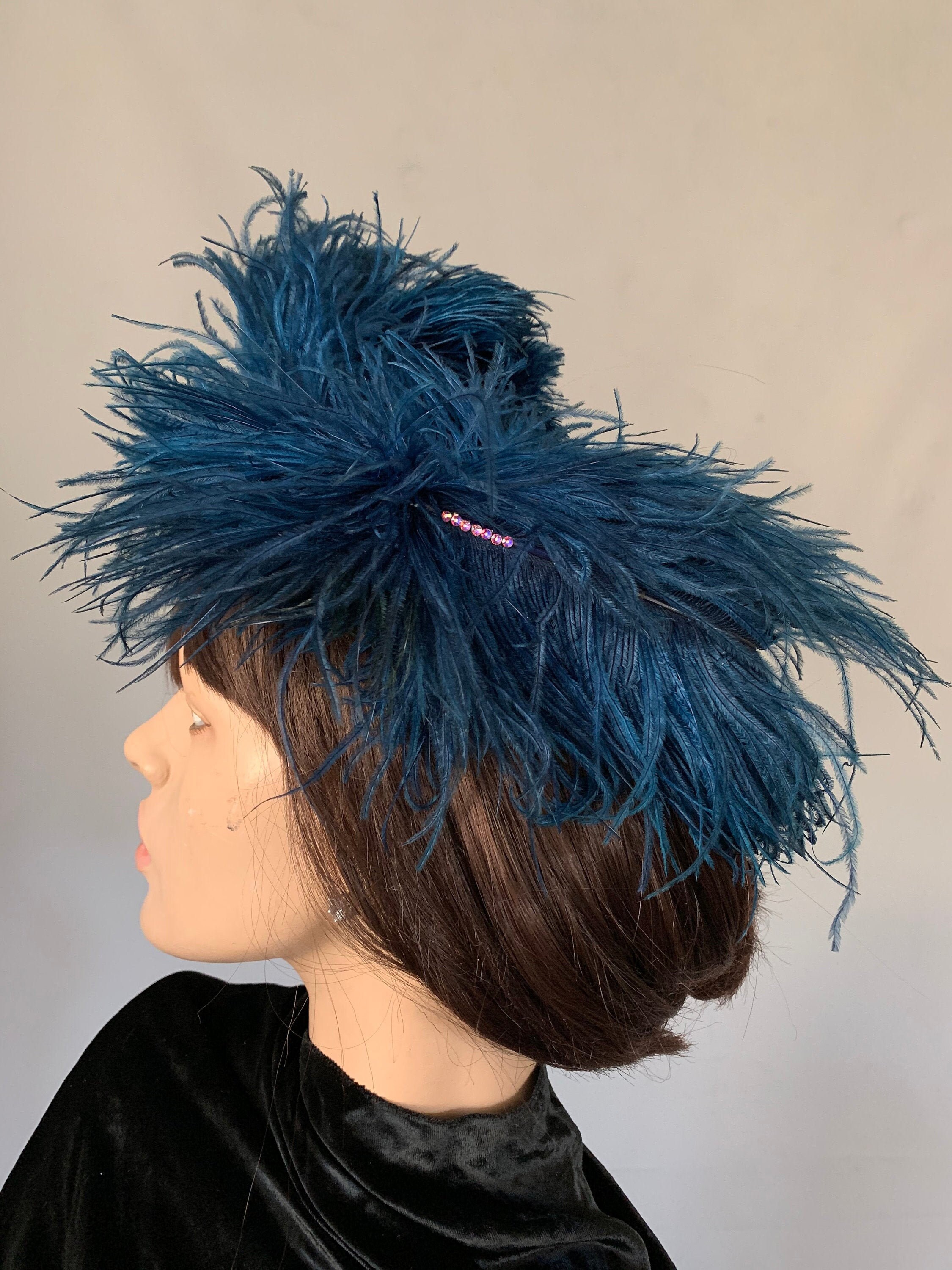 Smokey blue gray & black Feather Fascinator Hair Clip. Handmade. ostrich Turquoise Ostrich Feather Hat Pin Hair Clip with Black  main image 3