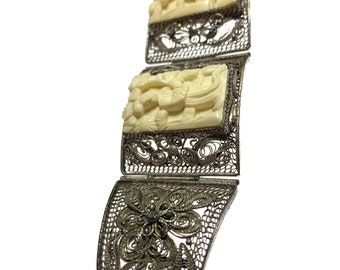 Antique Chinese Silver Filigree 3 Panel Hand Carved Bovine