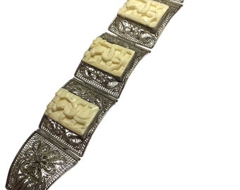 Antique Chinese Silver Filigree 3 Panel Hand Carved Bovine Antique Chinese Silver Filigree 3 Panel Hand Carved Bovine