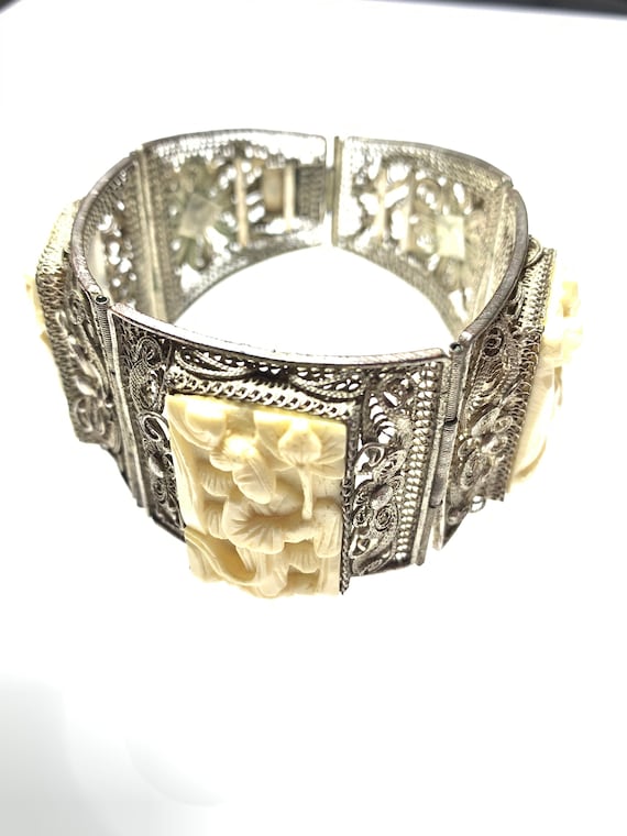 Antique Chinese Silver Filigree 3 Panel Hand Carved Bovine Bone