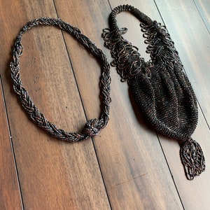 Edwardian Black Seed Bead Purse and Necklace Set. Flapper purse / necklace. Beautiful black beaded vintage pouch or bag with necklace..
