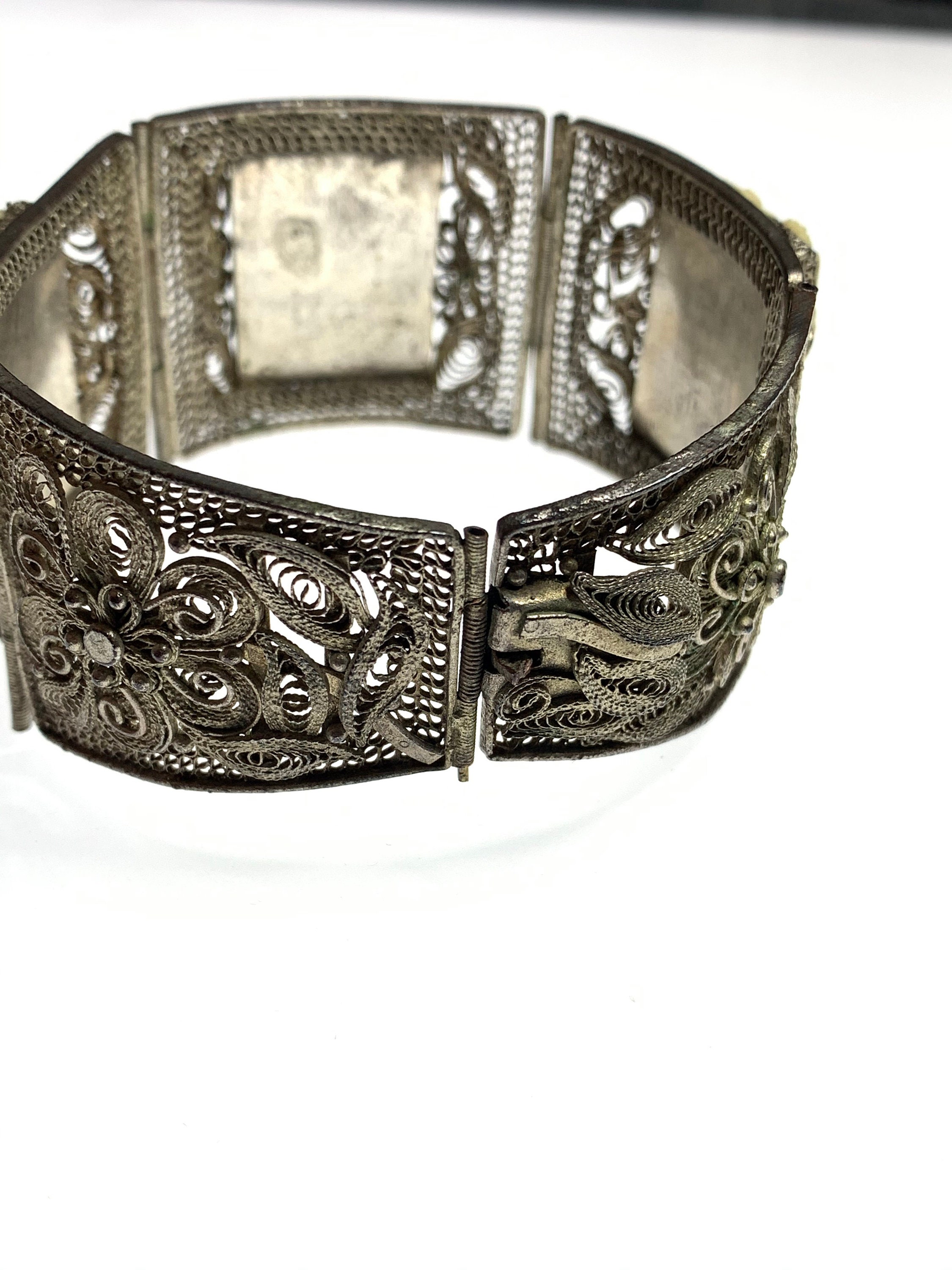 Antique Chinese Silver Filigree 3 Panel Hand Carved Bovine
