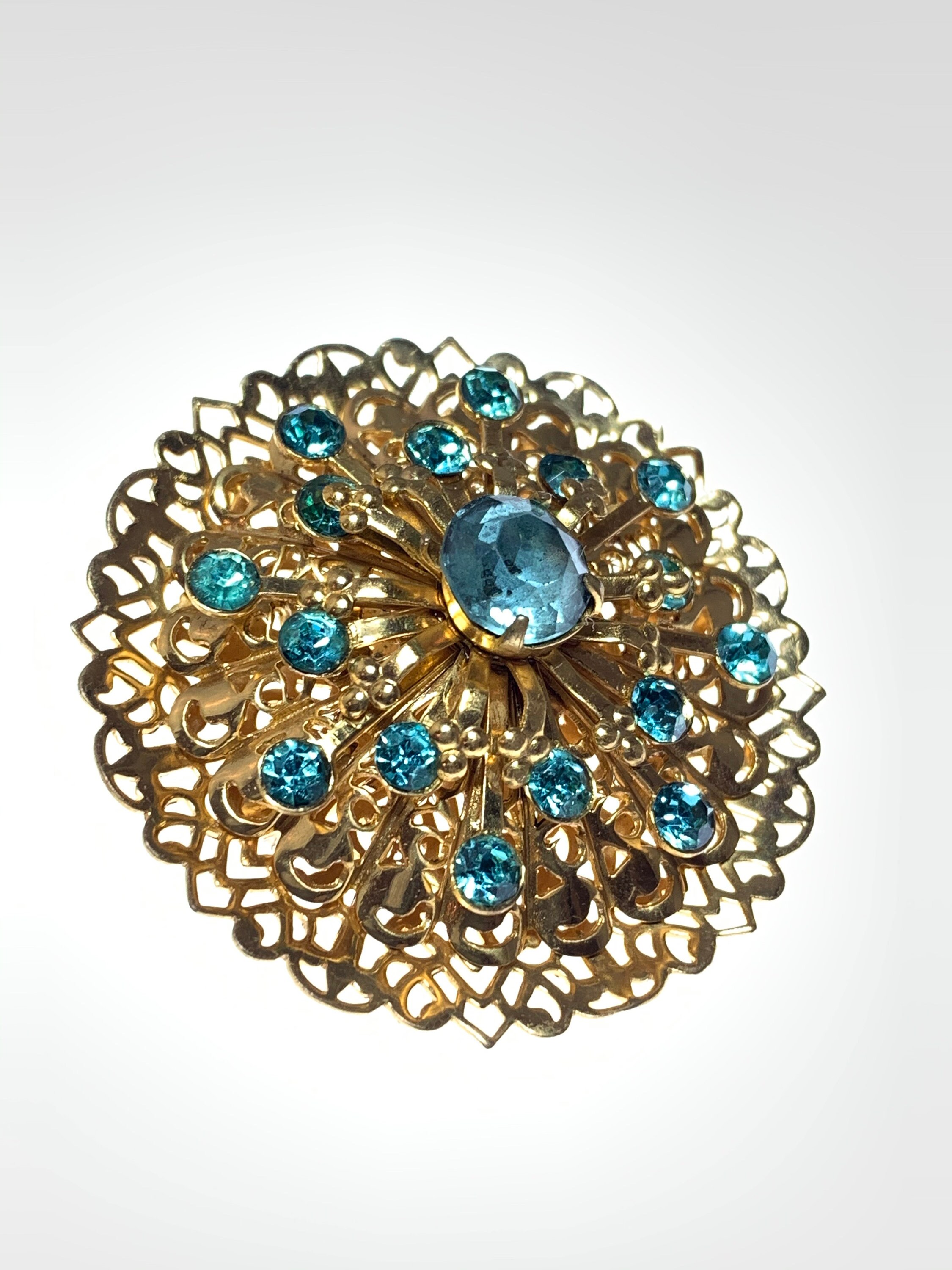 Broche Vintage Vase Bleu Avec Cristaux Aigue-marine - Bijou Rétro En Argenté