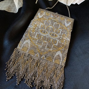 Antique Edwardian French Steel Cut 1900s mandalin beaded flapper Purse, Vintage mesh Art Deco evening bag