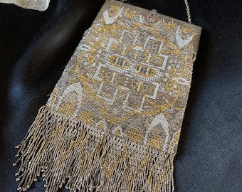 Antique Edwardian Beaded Purse, French Steel Cut Flapper Bag, Art Deco Evening Bag