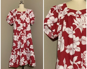 hawaiian print 1X 46 bust 40 waist vintage 1940s 1950s plus size cotton day dress polynesian