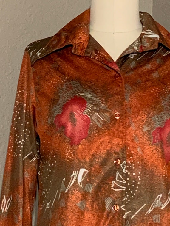 1970's Silky Polyester Abstract Print Blouse in O… - image 4