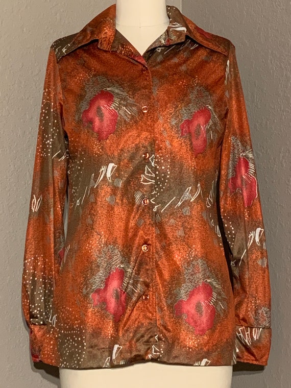 1970's Silky Polyester Abstract Print Blouse in O… - image 3