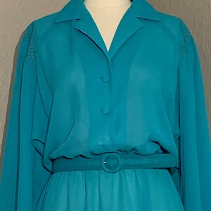 1970's-80's Sheer Turquoise Secretary Shirt Dress with Collar & Matching Belt Willi of California Vintage Small Medium S M image 4