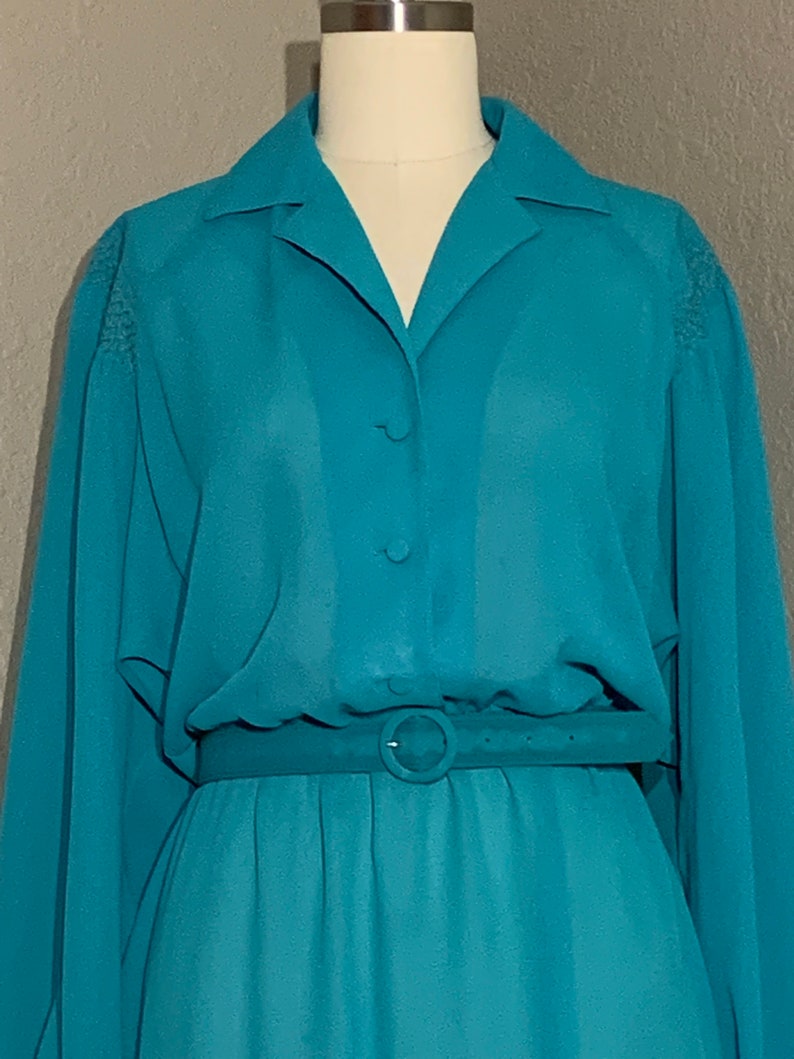 1970's-80's Sheer Turquoise Secretary Shirt Dress with Collar & Matching Belt Willi of California Vintage Small Medium S M image 4