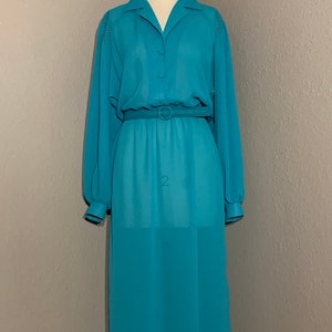1970's-80's Sheer Turquoise Secretary Shirt Dress with Collar & Matching Belt Willi of California Vintage Small Medium S M image 3