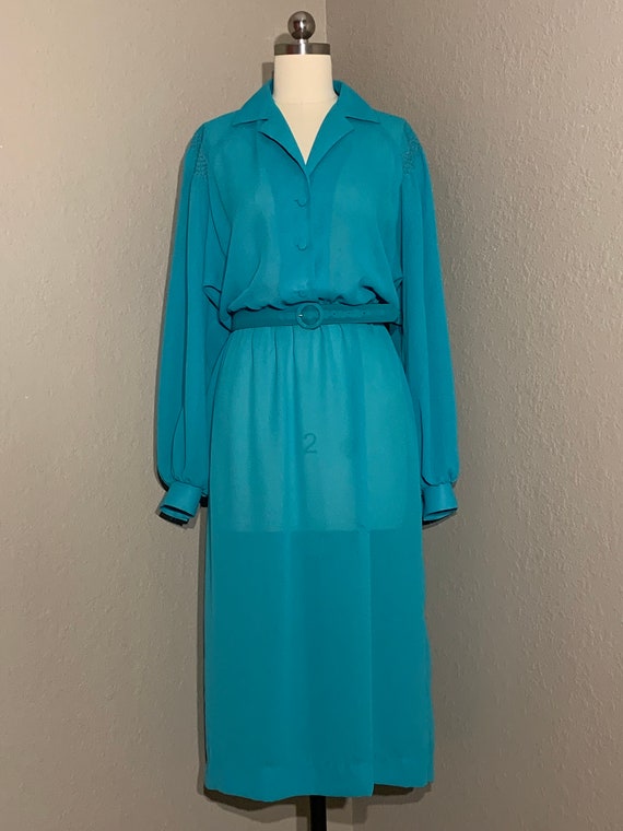1970's-80's Sheer Turquoise Secretary Shirt Dress… - image 3