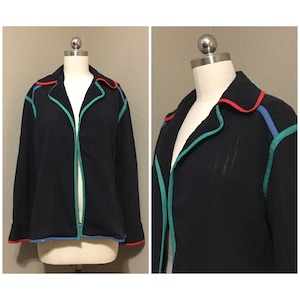 1970&#39;s Black Open Front Blazer Jacket with Multicolor Trim Red Blue Green Bill Haire for Friedricks Vintage Medium M