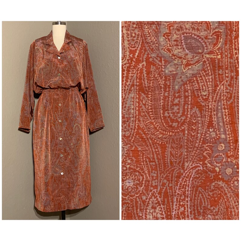 1960/'s Orange /& Lavender Paisley Silk Sheath Dress Mother of Pearl Buttons Long Sleeves Volup Plus Size Handmade Vintage Extra Large XL 1X