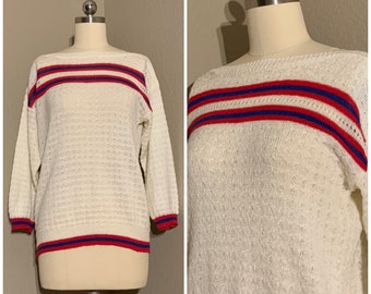 1980's Ivory Open Weave Boatneck Pullover Sweater with Red & Navy Blue Stripes Hem Cuffs Chroma Vintage Medium M