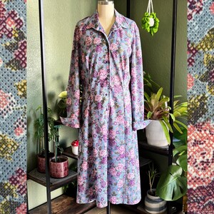 Vintage 70’s Pointillism Rose Print Midi Shirt Dress, Navy Buttons, Extra Large XL