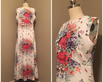 1970's Bright Floral and White Sleeveless Maxi Dress Slinky Knit Polyester Vintage Medium M