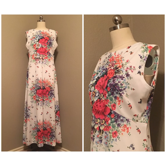 1970's Bright Floral and White Sleeveless Maxi Dr… - image 1
