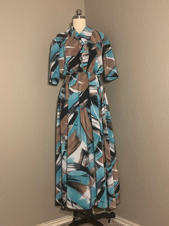 1980's does 1940's Abstract Print Rayon Dress in … - image 2