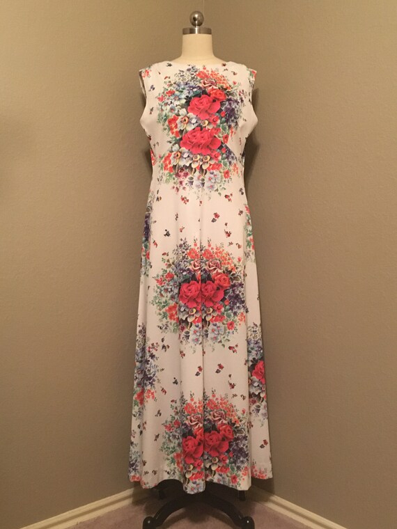 1970's Bright Floral and White Sleeveless Maxi Dr… - image 2
