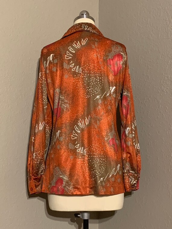 1970's Silky Polyester Abstract Print Blouse in O… - image 7