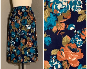 1980's-90's Navy Blue Floral Print Skirt with Turquoise and Rust Le Damor Vintage Medium M