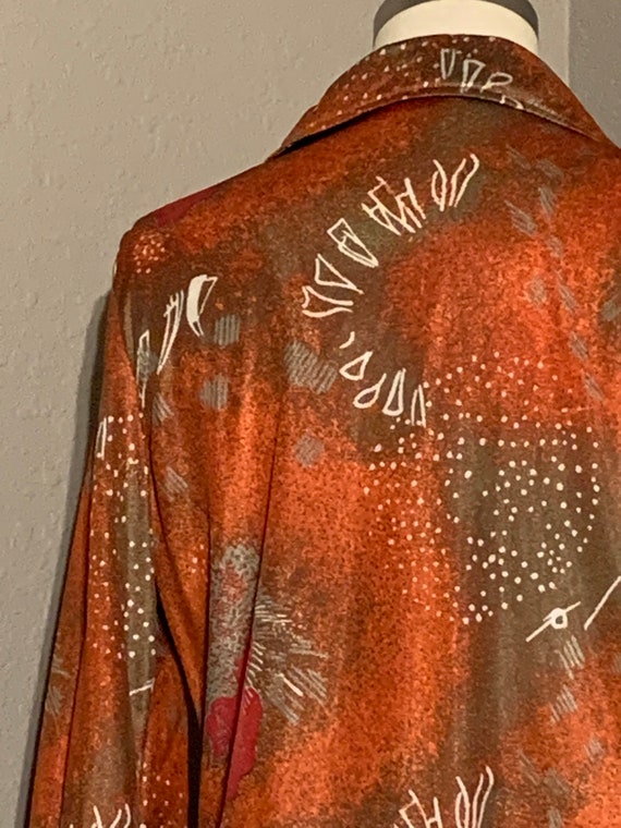 1970's Silky Polyester Abstract Print Blouse in O… - image 8