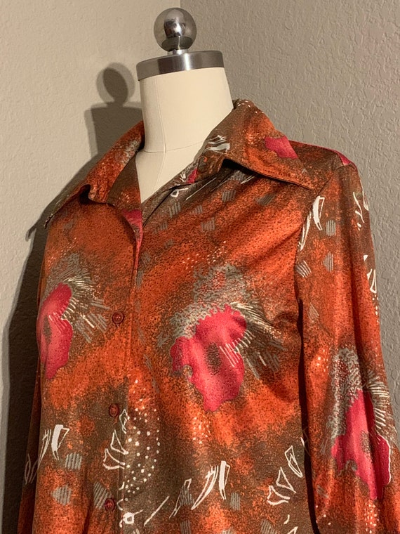 1970's Silky Polyester Abstract Print Blouse in O… - image 5