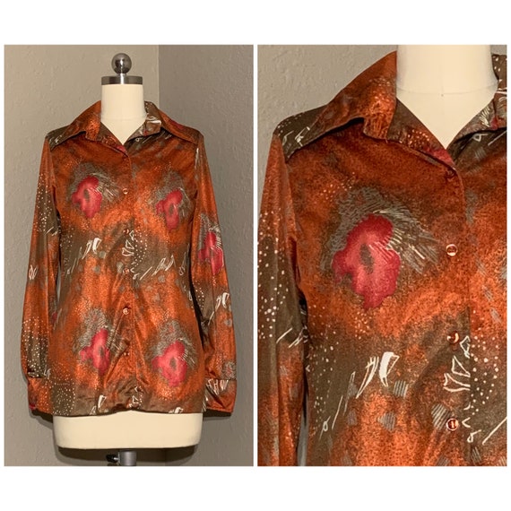 1970's Silky Polyester Abstract Print Blouse in O… - image 1