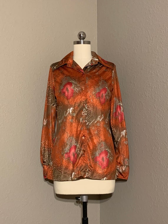 1970's Silky Polyester Abstract Print Blouse in O… - image 2