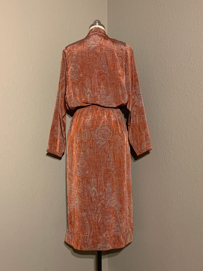 1960/'s Orange /& Lavender Paisley Silk Sheath Dress Mother of Pearl Buttons Long Sleeves Volup Plus Size Handmade Vintage Extra Large XL 1X