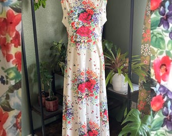 Vintage 70's Sleeveless Floral Maxi Dress, Rainbow Flowers on White, Medium M