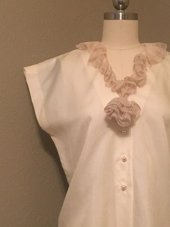 1970's Ivory Silky Poly Blouse with Ruffle Lace N… - image 3