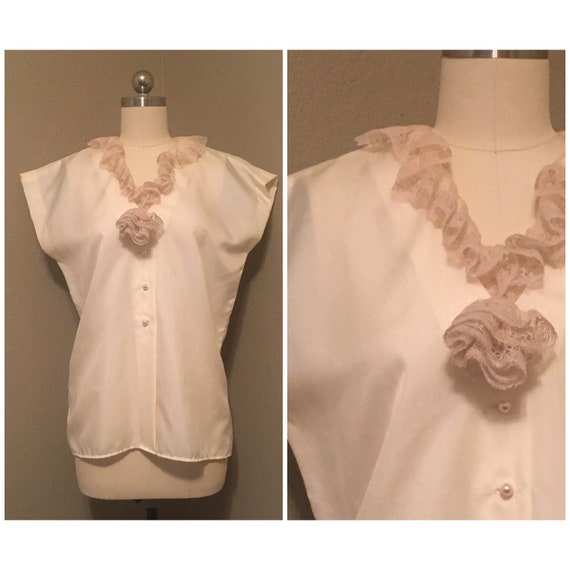 1970's Ivory Silky Poly Blouse with Ruffle Lace N… - image 1