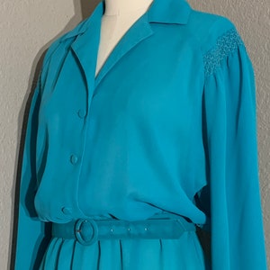 1970's-80's Sheer Turquoise Secretary Shirt Dress with Collar & Matching Belt Willi of California Vintage Small Medium S M image 5